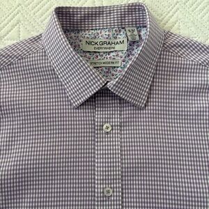 Nick Graham Check & Floral Long Sleeve Shirt Stretch Modern Fit Purple Size L